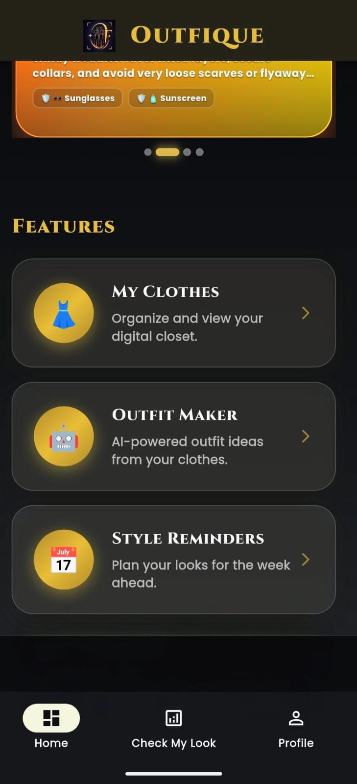 Outfique wardrobe management screen