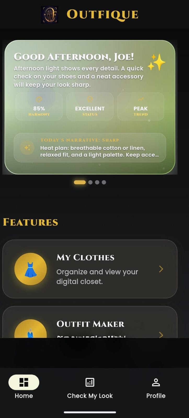 Outfique dashboard screen